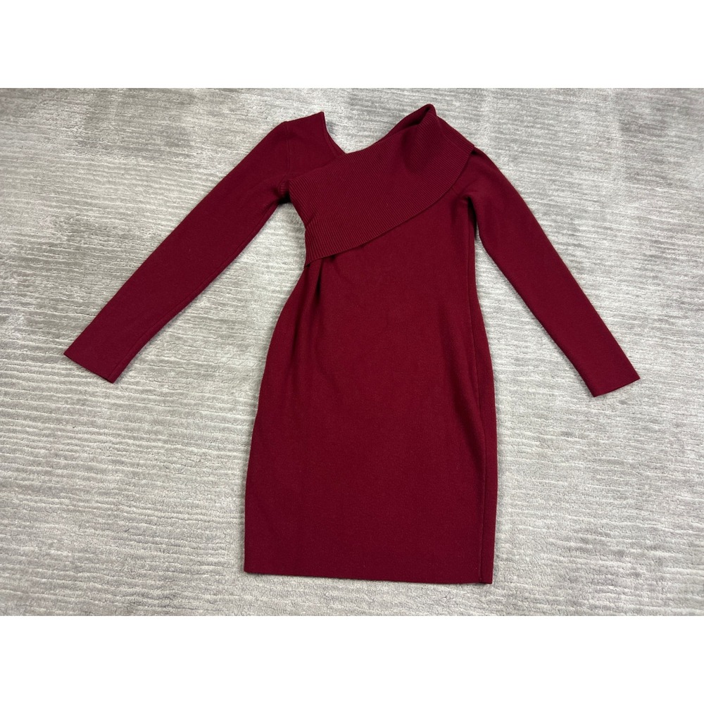 Illusory Dress Womens Small Burgundy Knit Asymmetrical Off Shoulder Bodycon Mini